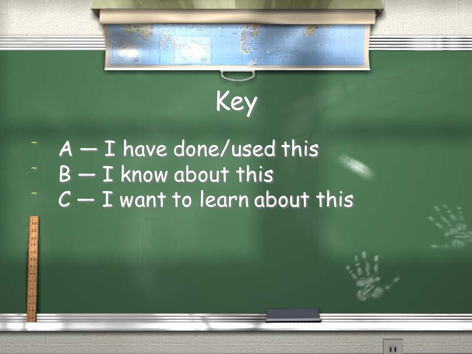 Key / A — I have done/used this / B — I know about this / C — I want to learn about this / A — I have done/used this / B — I know about this / C — I want to learn about this