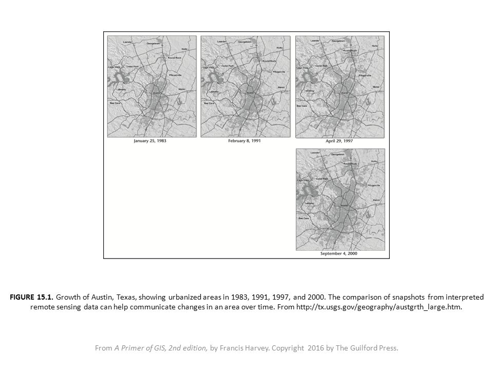 FIGURE Growth of Austin, Texas, showing urbanized areas in 1983, 1991, 1997, and