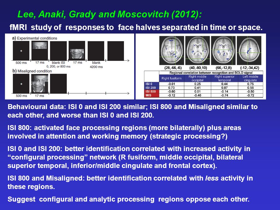 Lee, Anaki, Grady and Moscovitch (2012): fMRI study of responses to face halves separated in time or space.