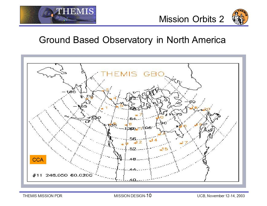 THEMIS MISSION PDRMISSION DESIGN- 10 UCB, November 12-14, 2003 Mission Orbits 2 Ground Based Observatory in North America CCA