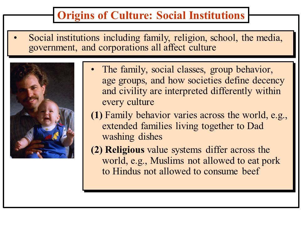 Origins of Culture: Social Institutions Social institutions including family, religion, school, the media, government, and corporations all affect culture The family, social classes, group behavior, age groups, and how societies define decency and civility are interpreted differently within every culture (1) Family behavior varies across the world, e.g., extended families living together to Dad washing dishes (2) Religious value systems differ across the world, e.g., Muslims not allowed to eat pork to Hindus not allowed to consume beef