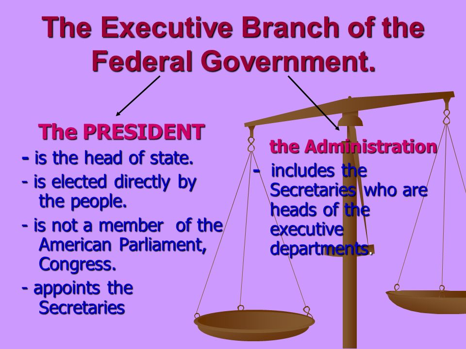 The Executive Branch of the Federal Government. The PRESIDENT The PRESIDENT - is the head of state.