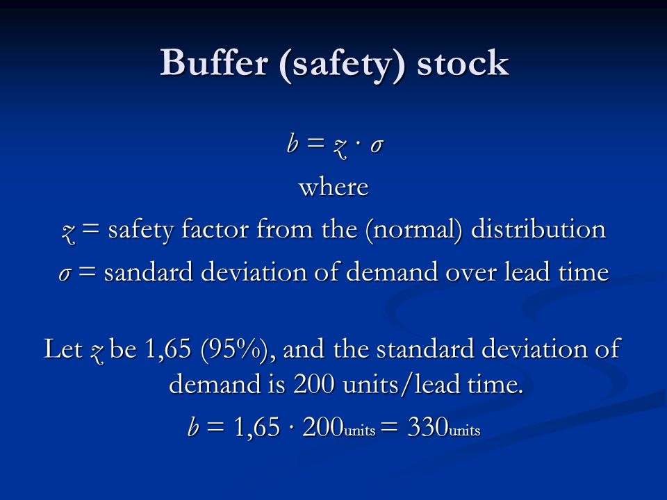 Buffer (safety) stock b = z ∙ σ where z = safety factor from the (normal) distribution σ = sandard deviation of demand over lead time Let z be 1,65 (95%), and the standard deviation of demand is 200 units/lead time.