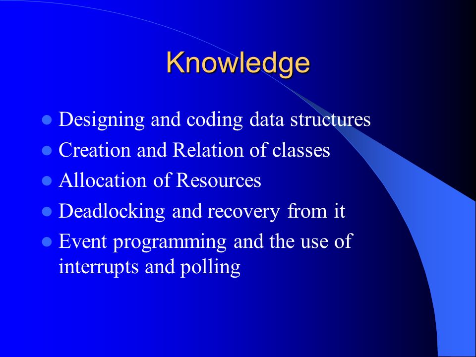 Knowledge Designing and coding data structures Creation and Relation of classes Allocation of Resources Deadlocking and recovery from it Event programming and the use of interrupts and polling