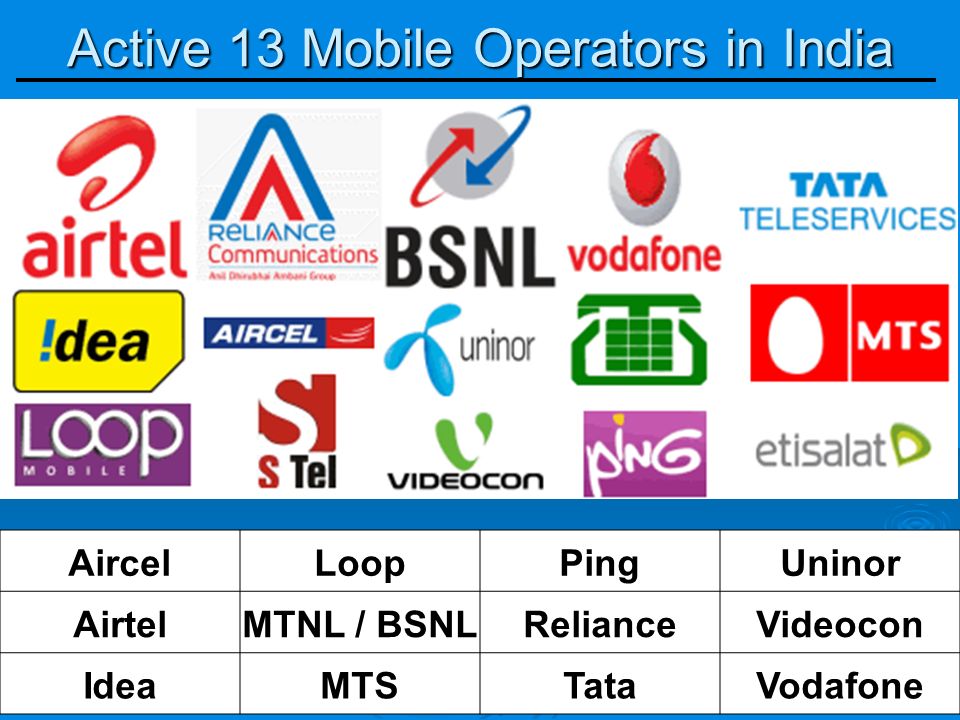 Active 13 Mobile Operators in India AircelLoopPingUninor AirtelMTNL / BSNLRelianceVideocon IdeaMTSTataVodafone