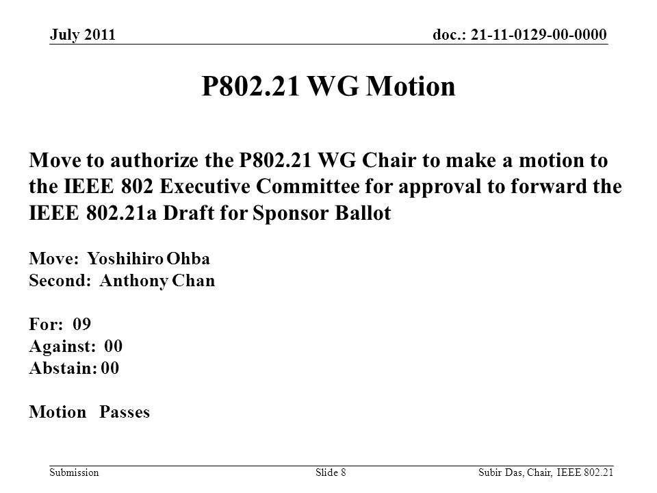 doc.: Submission July 2011 Slide 8 P WG Motion Move to authorize the P WG Chair to make a motion to the IEEE 802 Executive Committee for approval to forward the IEEE a Draft for Sponsor Ballot Move: Yoshihiro Ohba Second: Anthony Chan For: 09 Against: 00 Abstain: 00 Motion Passes Subir Das, Chair, IEEE