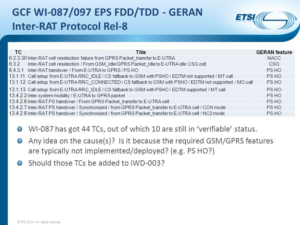 GCF WI-087/097 EPS FDD/TDD - GERAN Inter-RAT Protocol Rel-8 TCTitleGERAN feature Inter-RAT cell reselection failure from GPRS Packet_transfer to E-UTRANACC Inter-RAT cell reselection / From GSM_Idle/GPRS Packet_Idle to E-UTRA idle CSG cellCSG Inter-RAT handover / From E-UTRA to GPRS / PS HOPS HO Call setup from E-UTRA RRC_IDLE / CS fallback to GSM with PSHO / EDTM not supported / MT callPS HO Call setup from E-UTRA RRC_CONNECTED / CS fallback to GSM with PSHO / EDTM not supported / MO callPS HO Call setup from E-UTRA RRC_IDLE / CS fallback to GSM with PSHO / EDTM supported / MT callPS HO Inter-system mobility / E-UTRA to GPRS packetPS HO Inter-RAT PS handover / From GPRS Packet_transfer to E-UTRA cellPS HO Inter-RAT PS handover / Synchronized / from GPRS Packet_transfer to E-UTRA cell / CCN modePS HO Inter-RAT PS handover / Synchronized / from GPRS Packet_transfer to E-UTRA cell / NC2 modePS HO WI-087 has got 44 TCs, out of which 10 are still in ‘verifiable’ status.