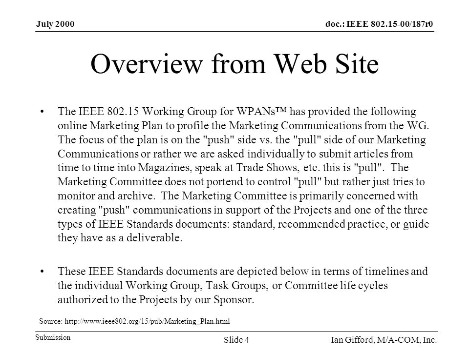 doc.: IEEE /187r0 Submission July 2000 Ian Gifford, M/A-COM, Inc.Slide 4 Overview from Web Site The IEEE Working Group for WPANs™ has provided the following online Marketing Plan to profile the Marketing Communications from the WG.