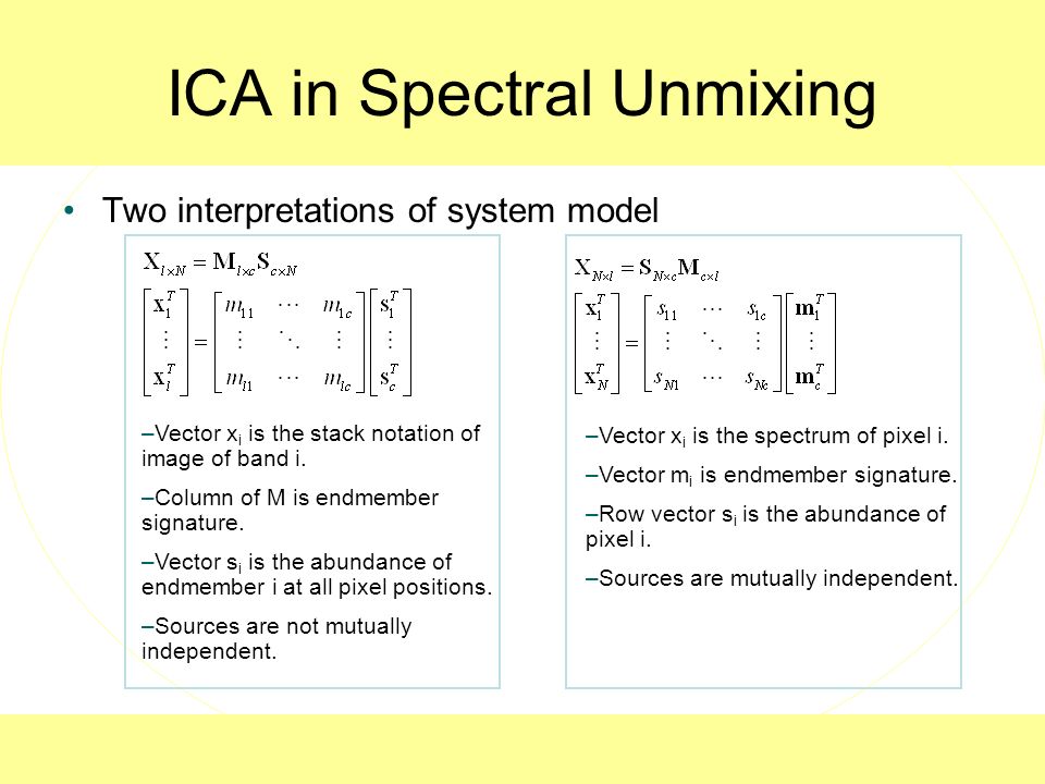 ICA in Spectral Unmixing Two interpretations of system model –Vector x i is the stack notation of image of band i.