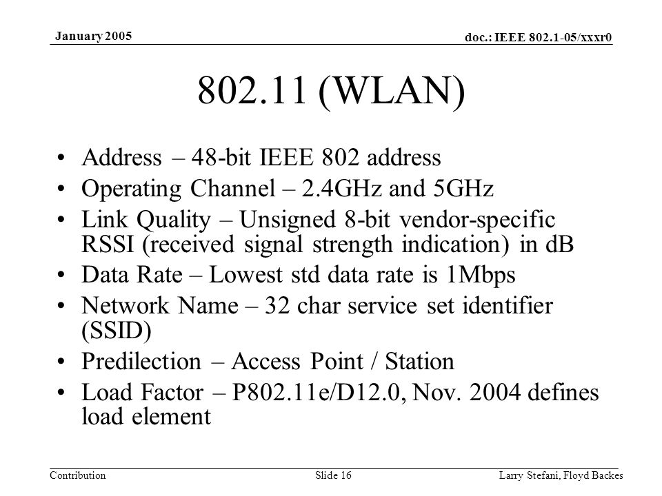 doc.: IEEE /xxxr0 Contribution January 2005 Larry Stefani, Floyd BackesSlide (WLAN) Address – 48-bit IEEE 802 address Operating Channel – 2.4GHz and 5GHz Link Quality – Unsigned 8-bit vendor-specific RSSI (received signal strength indication) in dB Data Rate – Lowest std data rate is 1Mbps Network Name – 32 char service set identifier (SSID) Predilection – Access Point / Station Load Factor – P802.11e/D12.0, Nov.