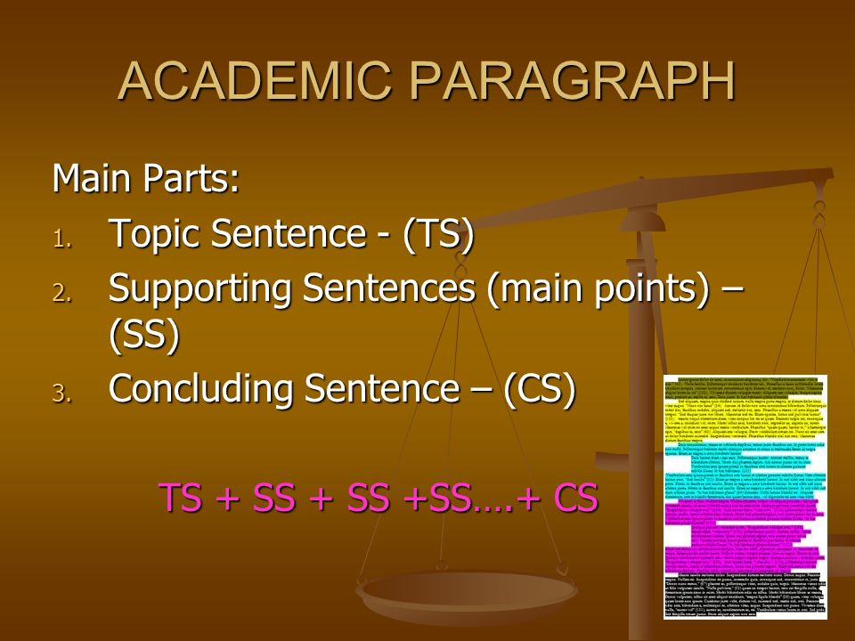 ACADEMIC PARAGRAPH Main Parts: 1. Topic Sentence - (TS) 2.
