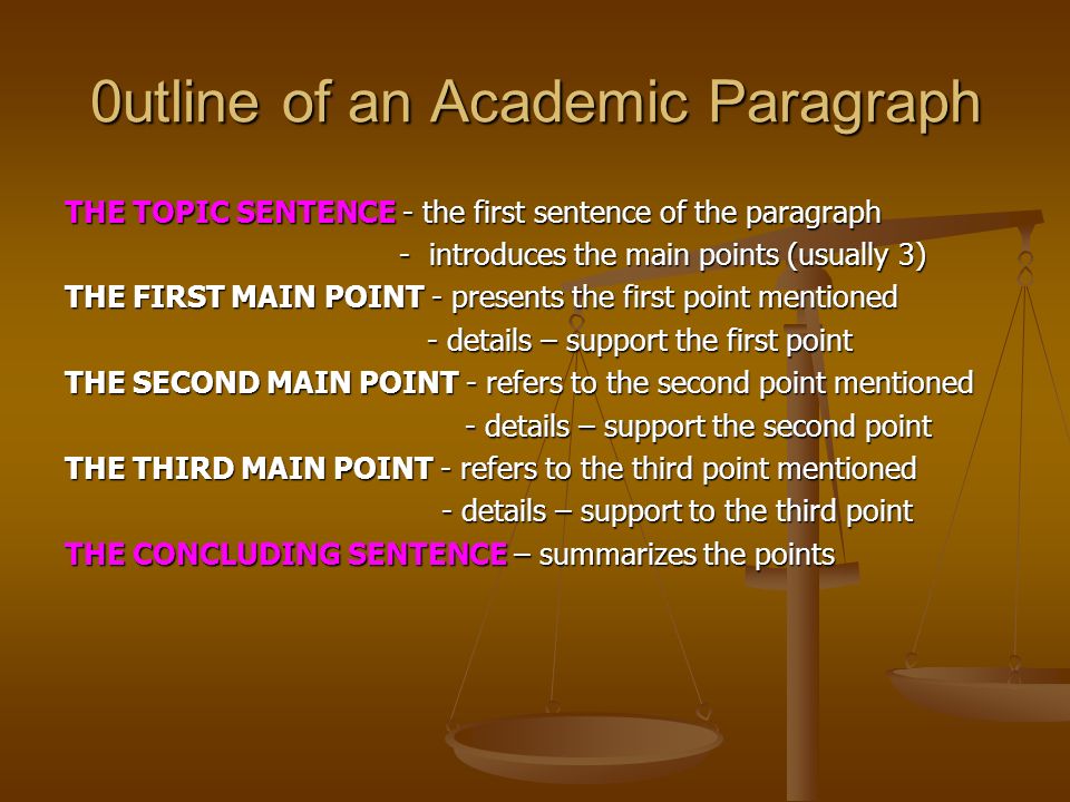 0utline of an Academic Paragraph THE TOPIC SENTENCE - the first sentence of the paragraph - introduces the main points (usually 3) - introduces the main points (usually 3) THE FIRST MAIN POINT - presents the first point mentioned - details – support the first point - details – support the first point THE SECOND MAIN POINT - refers to the second point mentioned - details – support the second point - details – support the second point THE THIRD MAIN POINT - refers to the third point mentioned - details – support to the third point - details – support to the third point THE CONCLUDING SENTENCE – summarizes the points