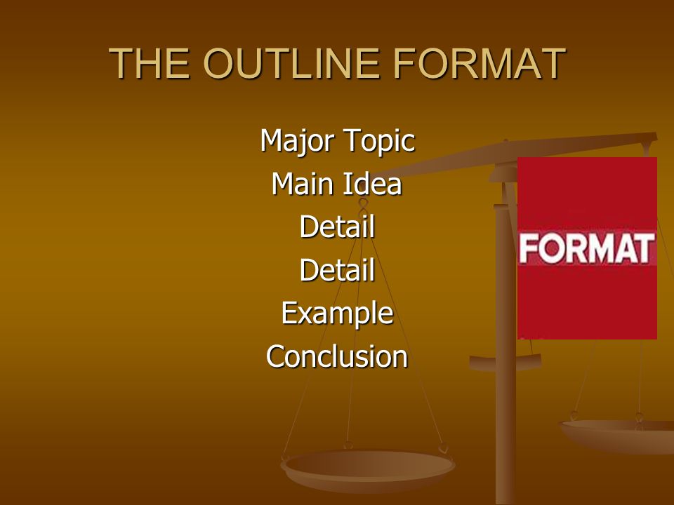 THE OUTLINE FORMAT Major Topic Main Idea DetailDetailExampleConclusion