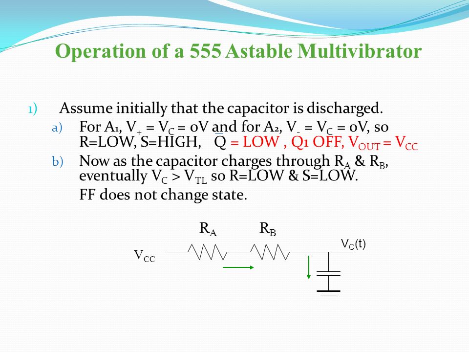 Operation of a 555 Astable Multivibrator 1) Assume initially that the capacitor is discharged.