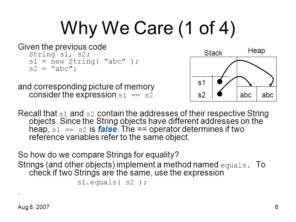 Aug 6, Why We Care (1 of 4) Given the previous code String s1, s2; s1 = new String( abc ); s2 = abc ; and corresponding picture of memory consider the expression s1 == s2 Recall that s1 and s2 contain the addresses of their respective String objects.