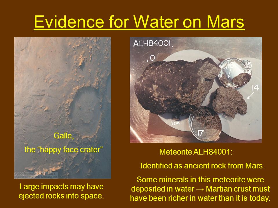Evidence for Water on Mars Large impacts may have ejected rocks into space.