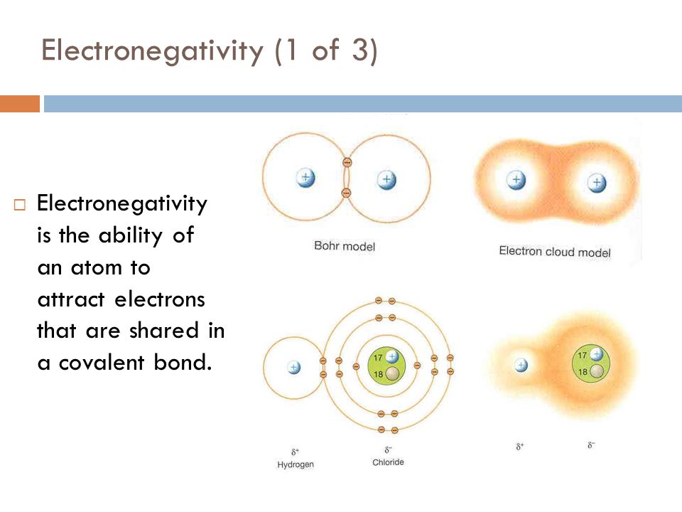 Electronegativity (1 of 3)  Electronegativity is the ability of an atom to attract electrons that are shared in a covalent bond.