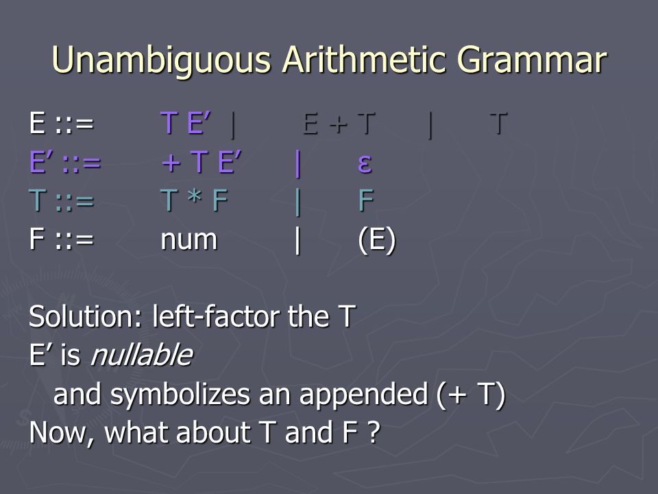 Unambiguous Arithmetic Grammar E::=T E’| E + T|T E’ ::=+ T E’|ε T::=T * F|F F ::=num|(E) Solution: left-factor the T E’ is nullable and symbolizes an appended (+ T) Now, what about T and F