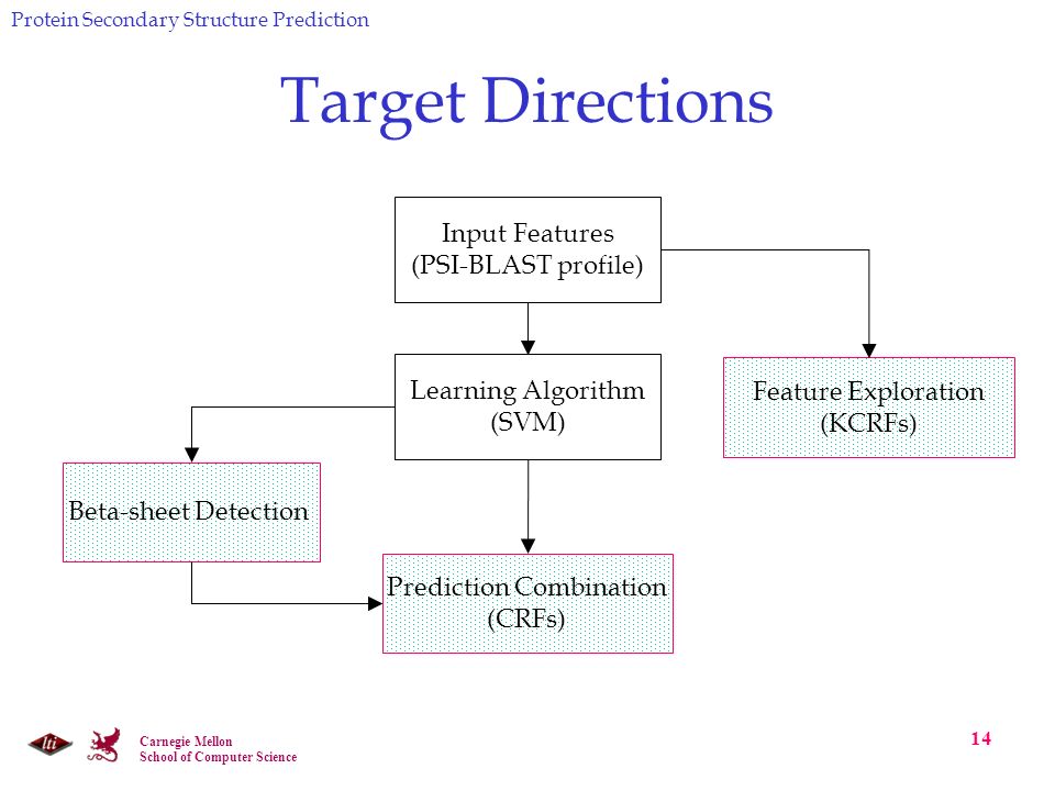 Carnegie Mellon School of Computer Science 14 Target Directions Protein Secondary Structure Prediction Input Features (PSI-BLAST profile) Prediction Combination (CRFs) Feature Exploration (KCRFs) Learning Algorithm (SVM) Beta-sheet Detection