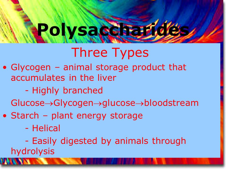 Polysaccharides Three Types Glycogen – animal storage product that accumulates in the liver - Highly branched GlucoseGlycogenglucosebloodstream Starch – plant energy storage - Helical - Easily digested by animals through hydrolysis