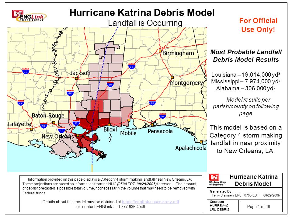 Information provided on this page displays a Category 4 storm making landfall near New Orleans, LA.
