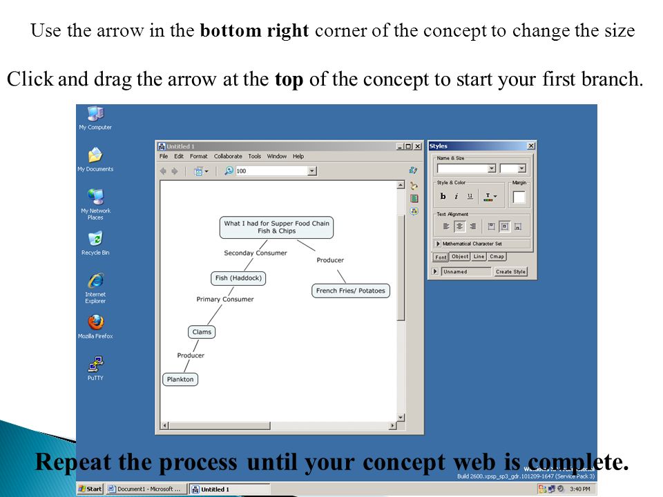 Use the arrow in the bottom right corner of the concept to change the size Click and drag the arrow at the top of the concept to start your first branch.