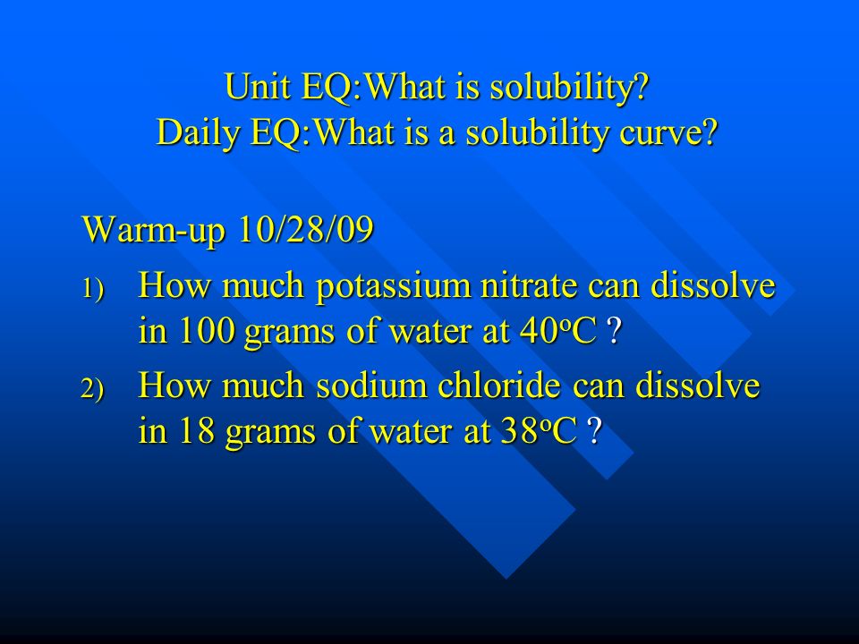 Unit EQ:What is solubility. Daily EQ:What is a solubility curve.
