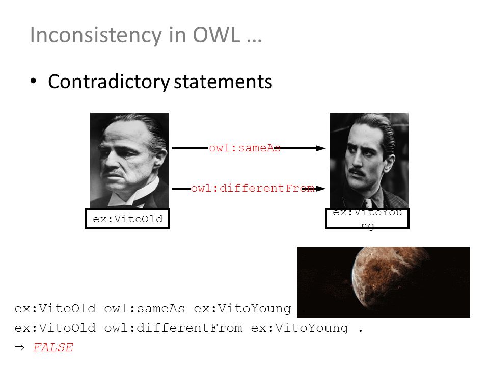 Inconsistency in OWL … Contradictory statements ex:VitoYou ng ex:VitoOld owl:sameAs owl:differentFrom ex:VitoOld owl:sameAs ex:VitoYoung.