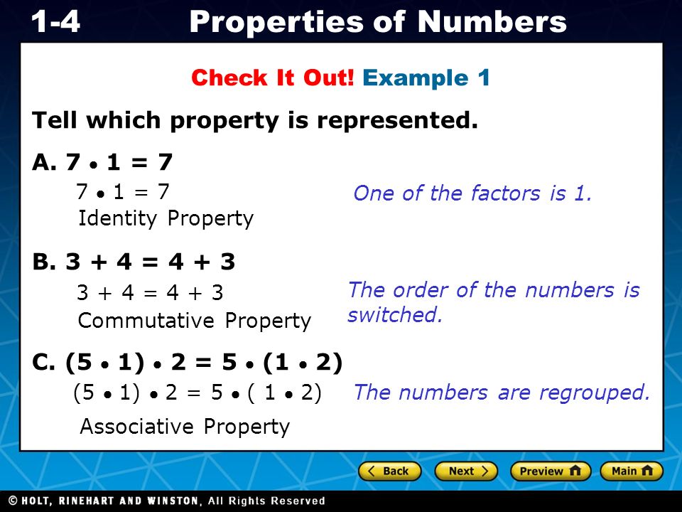 Holt CA Course 1 1-4Properties of Numbers Check It Out.