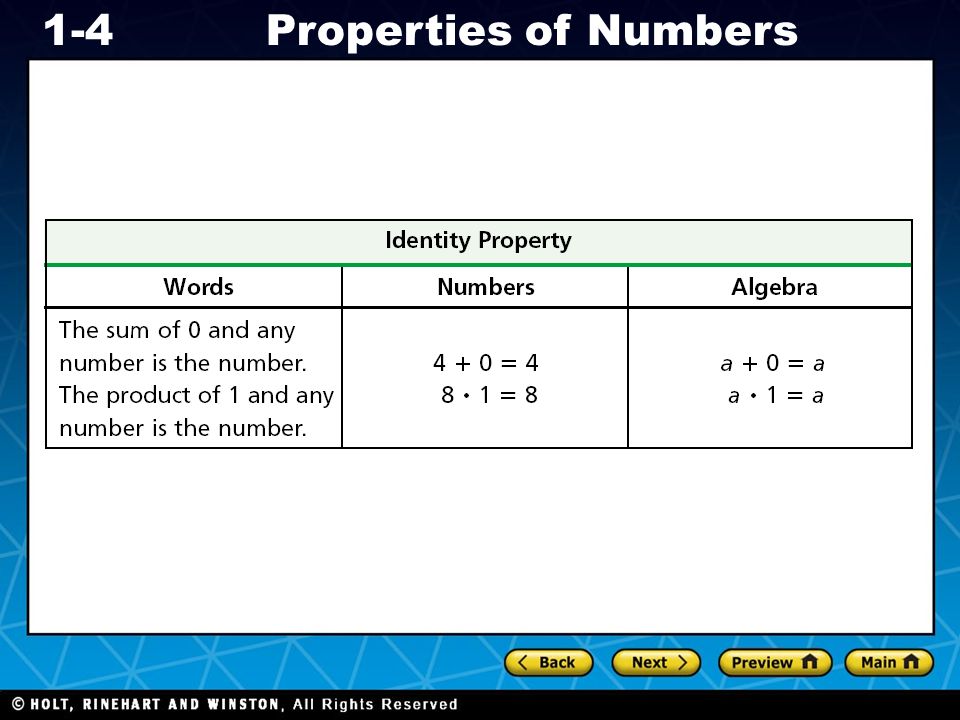 Holt CA Course 1 1-4Properties of Numbers