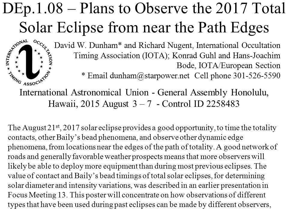 DEp.1.08 – Plans to Observe the 2017 Total Solar Eclipse from near the Path Edges David W.