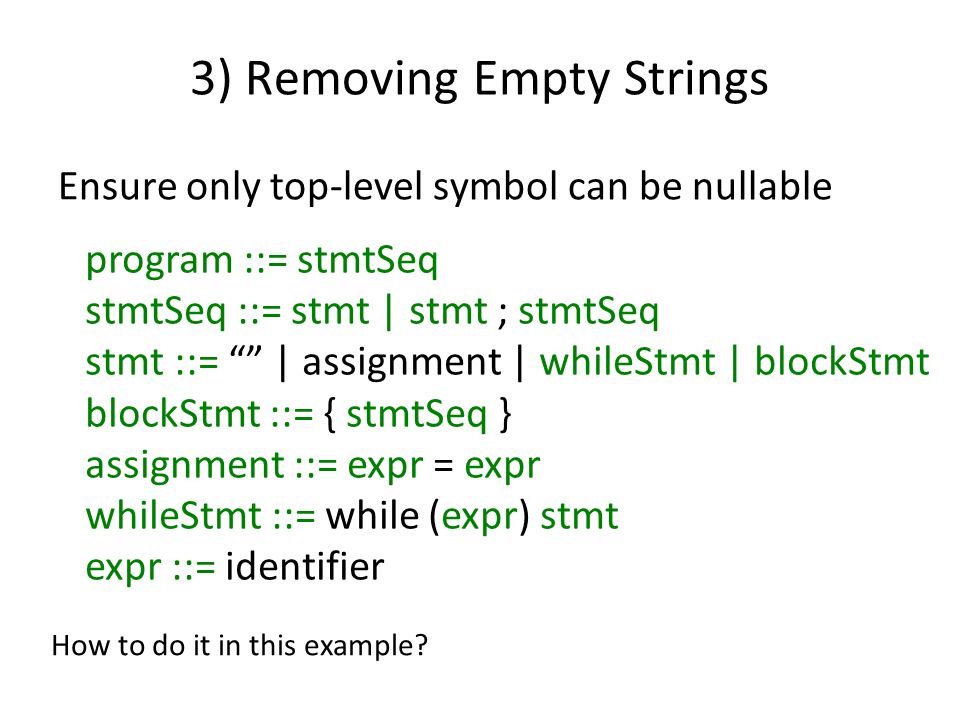 3) Removing Empty Strings Ensure only top-level symbol can be nullable program ::= stmtSeq stmtSeq ::= stmt | stmt ; stmtSeq stmt ::= | assignment | whileStmt | blockStmt blockStmt ::= { stmtSeq } assignment ::= expr = expr whileStmt ::= while (expr) stmt expr ::= identifier How to do it in this example