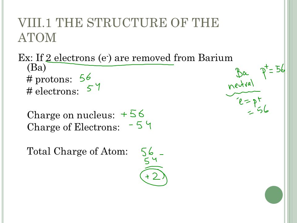 Ex: If 2 electrons (e - ) are removed from Barium (Ba) # protons: # electrons: Charge on nucleus: Charge of Electrons: Total Charge of Atom: