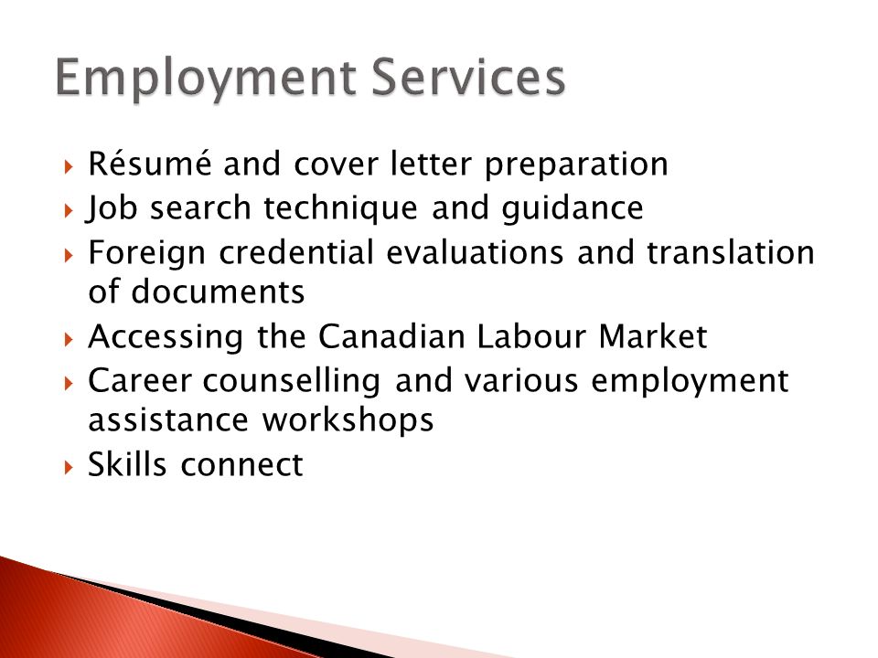  Résumé and cover letter preparation  Job search technique and guidance  Foreign credential evaluations and translation of documents  Accessing the Canadian Labour Market  Career counselling and various employment assistance workshops  Skills connect