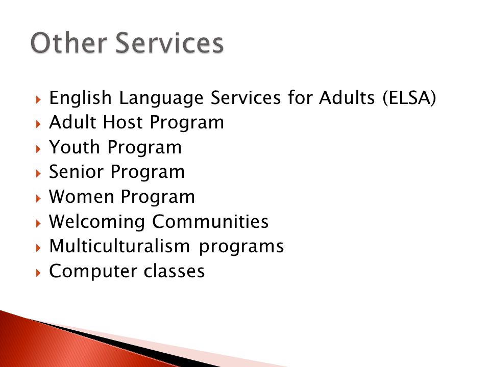 English Language Services for Adults (ELSA)  Adult Host Program  Youth Program  Senior Program  Women Program  Welcoming Communities  Multiculturalism programs  Computer classes