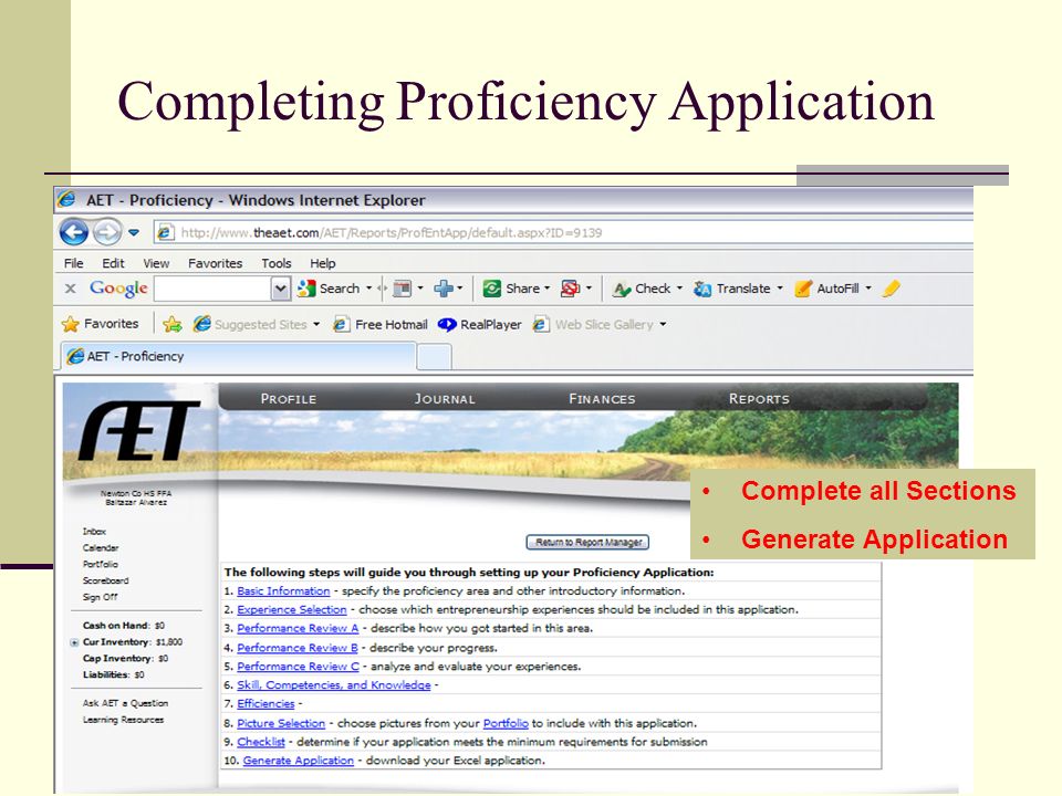 Completing Proficiency Application Complete all Sections Generate Application