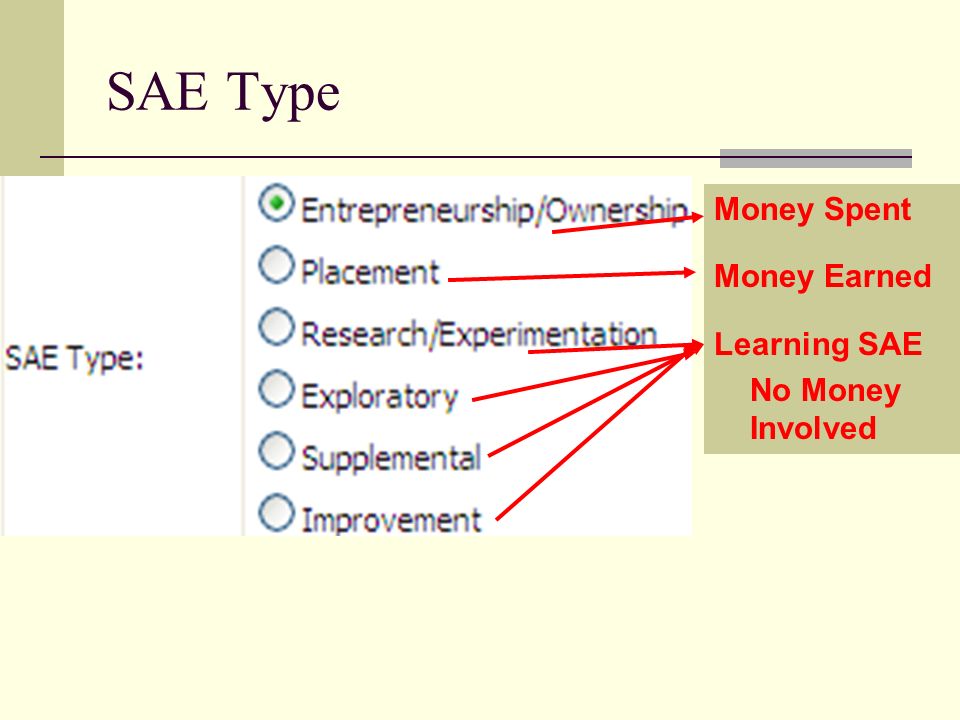 SAE Type Money Spent Money Earned Learning SAE No Money Involved