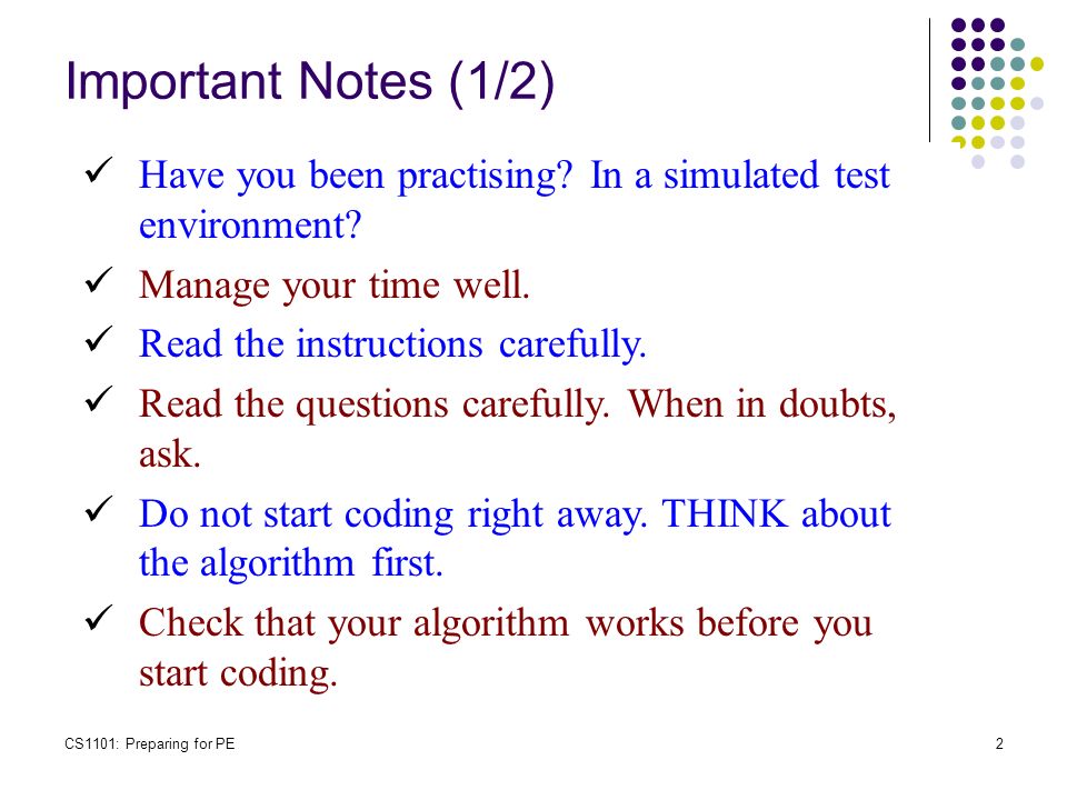 CS1101: Programming Methodology Preparing for Practical Exam (PE) - ppt ...