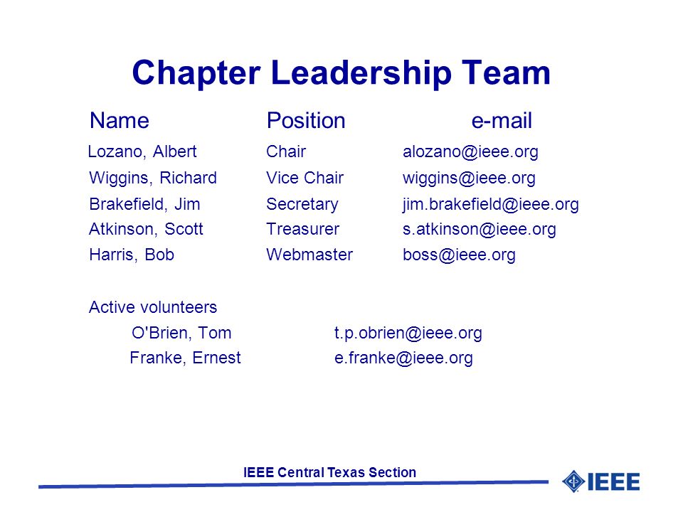IEEE Central Texas Section Chapter Leadership Team NamePosition Lozano, Albert Wiggins, RichardVice Brakefield, Atkinson, Harris, Active volunteers O Brien, Franke,