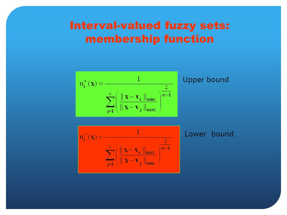 Interval-valued fuzzy sets: membership function Upper bound Lower bound