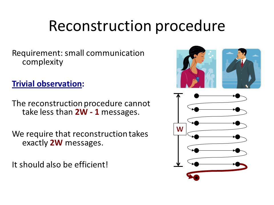 Reconstruction procedure Requirement: small communication complexity Trivial observation: The reconstruction procedure cannot take less than 2W - 1 messages.