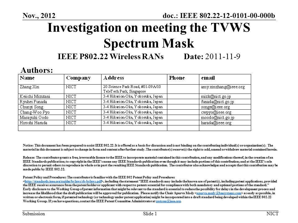 doc.: IEEE b Submission Nov., 2012 NICTSlide 1 Investigation on meeting the TVWS Spectrum Mask IEEE P Wireless RANs Date: Authors: Notice: This document has been prepared to assist IEEE