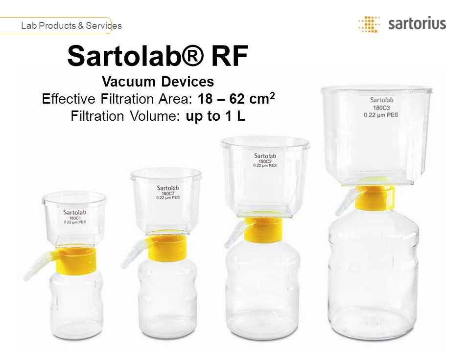 Lab Products & Services Sartolab® RF Vacuum Devices Effective Filtration Area: 18 – 62 cm 2 Filtration Volume: up to 1 L
