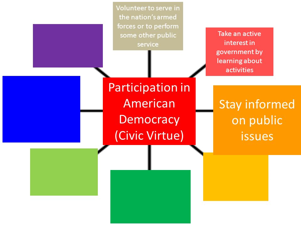 Participation in American Democracy (Civic Virtue) Take an active interest in government by learning about activities Stay informed on public issues Volunteer to serve in the nation’s armed forces or to perform some other public service