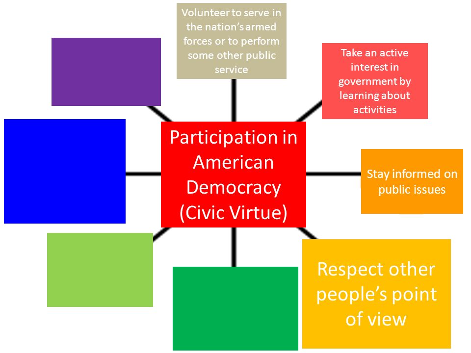 Participation in American Democracy (Civic Virtue) Take an active interest in government by learning about activities Stay informed on public issues Respect other people’s point of view Volunteer to serve in the nation’s armed forces or to perform some other public service
