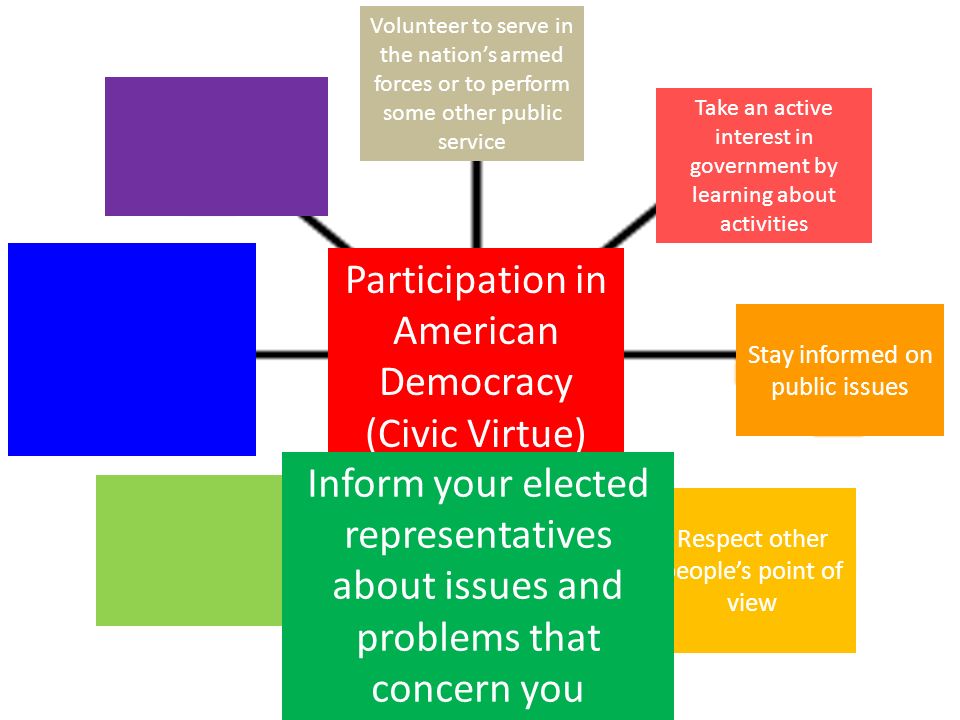 Participation in American Democracy (Civic Virtue) Take an active interest in government by learning about activities Stay informed on public issues Respect other people’s point of view Inform your elected representatives about issues and problems that concern you Volunteer to serve in the nation’s armed forces or to perform some other public service