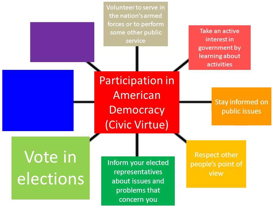 Participation in American Democracy (Civic Virtue) Take an active interest in government by learning about activities Stay informed on public issues Respect other people’s point of view Inform your elected representatives about issues and problems that concern you Vote in elections Volunteer to serve in the nation’s armed forces or to perform some other public service