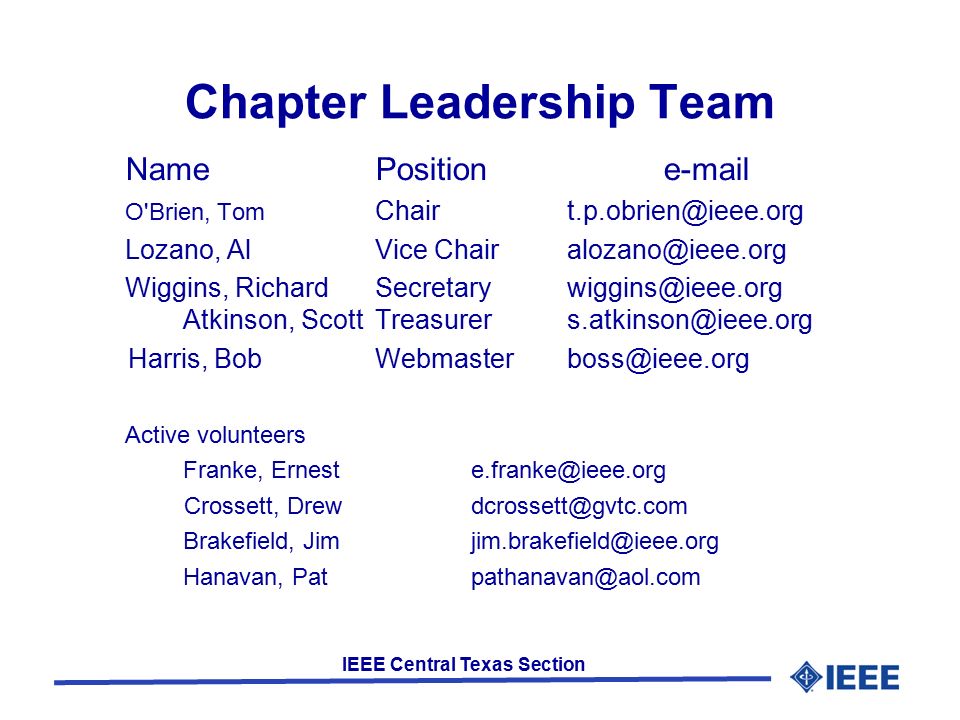 IEEE Central Texas Section Chapter Leadership Team NamePosition O Brien, Tom Lozano, AlVice Wiggins, Atkinson, Harris, Active volunteers Franke, Crossett, Brakefield, Hanavan,