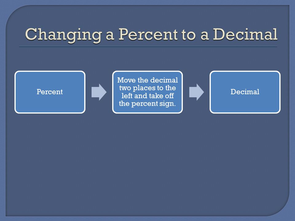 Percent Move the decimal two places to the left and take off the percent sign. Decimal