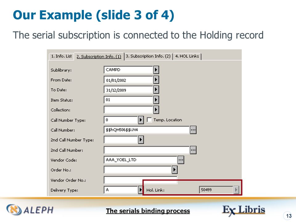 The serials binding process 13 Our Example (slide 3 of 4) The serial subscription is connected to the Holding record